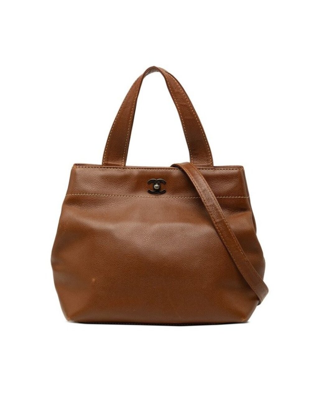 Chanel CC Logo Turnlock 2-Way Shoulder Bag Brown Caviar Leather